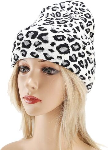 Leopard Print Beanie Hat Trendy Animal Pattern Skull Cap 2 Layers Cuffed Hats Winter Thick Knitted Watch Caps in Kuwait