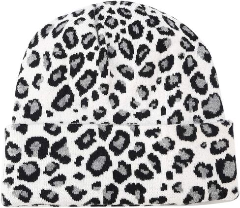 Leopard Print Beanie Hat Trendy Animal Pattern Skull Cap 2 Layers Cuffed Hats Winter Thick Knitted Watch Caps in Kuwait