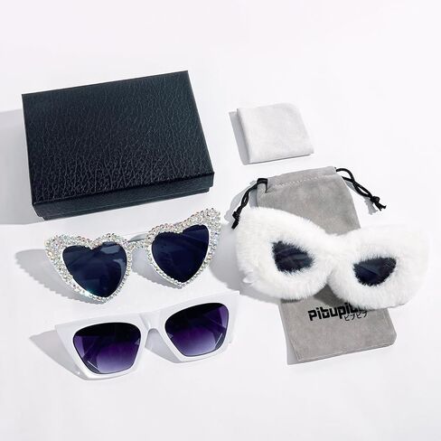 Pibupibu 3 Pack النظارات الشمسية المرحة للنساء، حجر الراين على شكل قلب/مربع ريترو كاتي/مجموعة نظارات شمسية قطيفة ناعمة مخملية in Kuwait