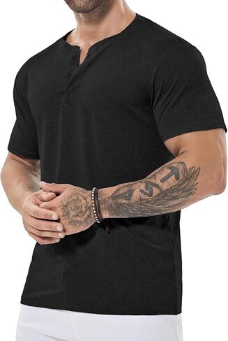 Mens Henley Shirt Dry Fit Tech 3 Button Slim Fit Quick Dry Gym Tshirt Short Sleeve Lightweight Casual T Basic Tee in Kuwait
