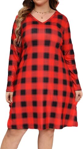 فستان نسائي من HBEYYTO بأكمام طويلة ورقبة على شكل V مع جيوب مقاس كبير فساتين فضفاضة كاجوال مطبوعة بالزهور in Kuwait