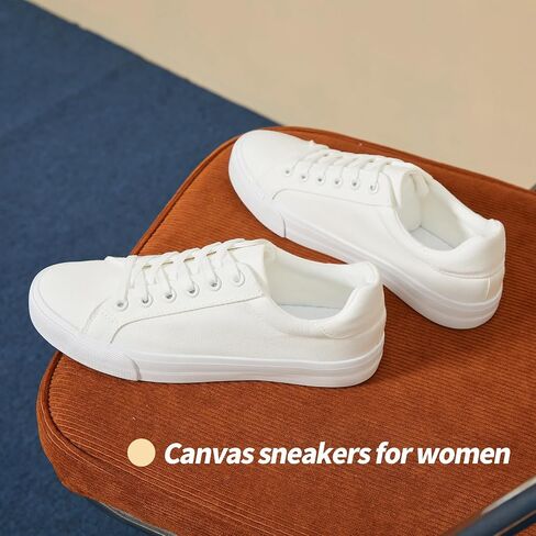 Witwatia Women's Casual Canvas Shoes Low Top Play Fashion Sneakers Ladies Canvas Tennis Shoes Lace-Up Comfortable White Canvas Shoes for Girls in Kuwait