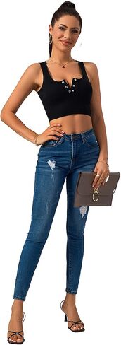 ACANI قطع علوية قصيرة للنساء مضلع أساسي مثير انقسام صيفي بدون أكمام بالإضافة إلى أزرار سفلية قمصان نسائية in Kuwait