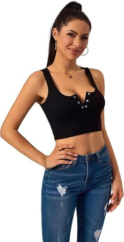 ACANI قطع علوية قصيرة للنساء مضلع أساسي مثير انقسام صيفي بدون أكمام بالإضافة إلى أزرار سفلية قمصان نسائية in Kuwait