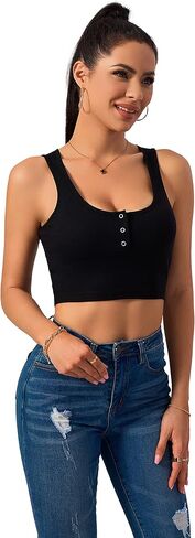 ACANI قطع علوية قصيرة للنساء مضلع أساسي مثير انقسام صيفي بدون أكمام بالإضافة إلى أزرار سفلية قمصان نسائية in Kuwait