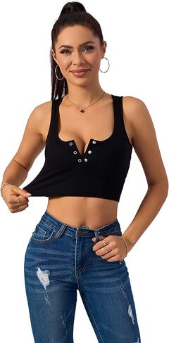 ACANI قطع علوية قصيرة للنساء مضلع أساسي مثير انقسام صيفي بدون أكمام بالإضافة إلى أزرار سفلية قمصان نسائية in Kuwait