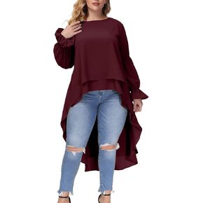 Hanna Nikole Women Plus Size High Low Tops Lantern Sleeve Asymmetrical Hem Blouse Shirt Dress