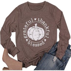 BANGELY Grateful Thankful Blessed Thanksgiving T Shirt Pumpkin Letter Graphic Tees Women Fall Casual Long Sleeve Shirts Tops in Saudi Arabia