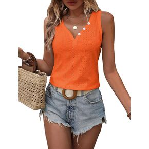 WDIRARA Women's V Neck Sleeveless Eyelet Embroidery Tank Top Casual Tops