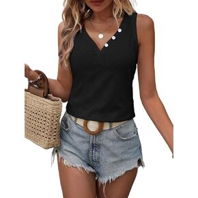 WDIRARA Women's V Neck Sleeveless Eyelet Embroidery Tank Top Casual Tops