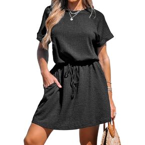 CUPSHE Women's Drawstring Waist Mini Dress Short Sleeves Round Neck in Saudi Arabia