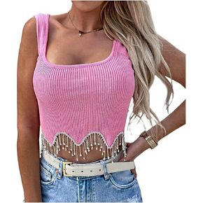 Naimo Womens Sparkly Rhinestone Tassel Crop Top Sleeveless Ribbed Tank Tops Cami Slim Fit Cropped Shirt Vest in Kuwait
