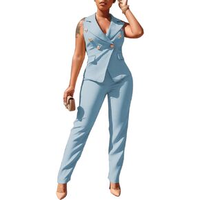 Dmoled Women's Business Blazer Suit Ruffles Sleeveless Two Piece Solid Work Pant Suit Business Office Lady Suits Sets