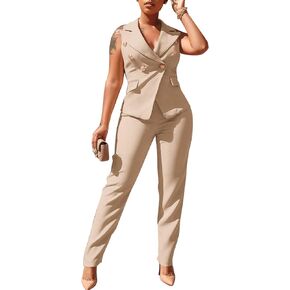 Dmoled Women's Business Blazer Suit Ruffles Sleeveless Two Piece Solid Work Pant Suit Business Office Lady Suits Sets in Kuwait