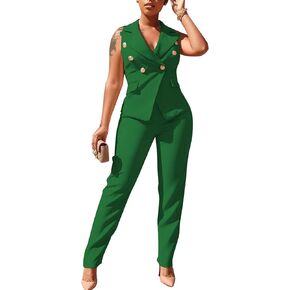 Dmoled Women's Business Blazer Suit Ruffles Sleeveless Two Piece Solid Work Pant Suit Business Office Lady Suits Sets