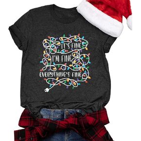 It's Fine I'm Fine Everything's Fine Shirt Women Christmas Lights Graphic T-Shirt Casual Short Sleeve Xmas Teacher Gift Tops