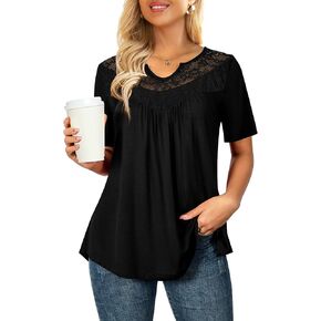 LIENRIDY المرأة الصيف حجم كبير بلايز 2023 قمصان قصيرة الأكمام الدانتيل مطوي تونك القمم M-3X in Kuwait