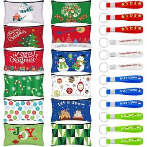 24 Pcs 12 Sets Christmas Makeup Bags and 12 Pcs Christmas Keychains Set Snowman Canvas Gift Makeup Bags for Women Christmas Portable Pouch Christmas Keychain for Xmas Party Gift in Saudi Arabia