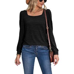 Mingnos Womens Casual Tops Loose Fit Square Neck Puff Long Sleeve T Shirts