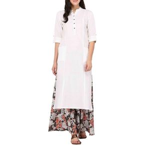 ladyline Women's Pure Cotton Plain Tunic Top with 3/4 Sleeves, Roll-up Button Neck, Pocket, Long Kurti Kurta