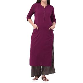 ladyline Women's Pure Cotton Plain Tunic Top with 3/4 Sleeves, Roll-up Button Neck, Pocket, Long Kurti Kurta in Saudi Arabia