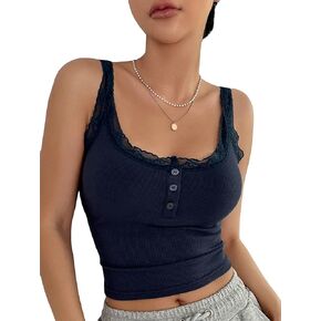SHENHE Women's Ribbed Knit Lace Trim Square Neck Button Up Fitted Crop Henley Tank Top