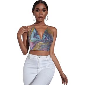 Women Sexy Shiny Rhinestone Tank Top Deep V Neck Halter Metal Body Chain Crop Top Shirt for Night Club Party Rave Outfit in Kuwait