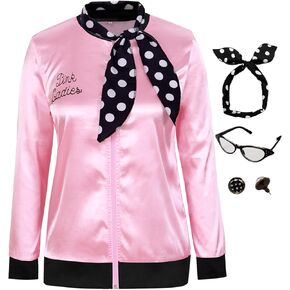 سترة Edinoy من الساتان الوردي من الخمسينيات من القرن العشرين مع أقراط وشاح ونظارات عين القطة أزياء الهالوين النسائية التنكرية in Kuwait