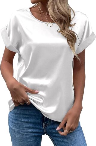 Chigant المرأة قصيرة الأكمام الساتان البلوزات عادية فضفاض Crewneck قمصان الحرير نشمر كم تونك القمم S-XXL in Kuwait