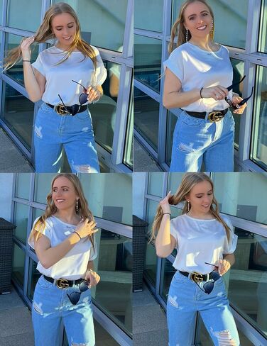 Chigant المرأة قصيرة الأكمام الساتان البلوزات عادية فضفاض Crewneck قمصان الحرير نشمر كم تونك القمم S-XXL in Kuwait