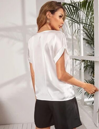 Chigant المرأة قصيرة الأكمام الساتان البلوزات عادية فضفاض Crewneck قمصان الحرير نشمر كم تونك القمم S-XXL in Kuwait