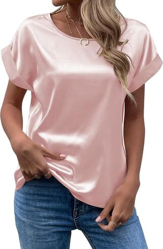 Chigant المرأة قصيرة الأكمام الساتان البلوزات عادية فضفاض Crewneck قمصان الحرير نشمر كم تونك القمم S-XXL in Kuwait