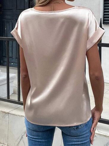 Chigant المرأة قصيرة الأكمام الساتان البلوزات عادية فضفاض Crewneck قمصان الحرير نشمر كم تونك القمم S-XXL in Kuwait