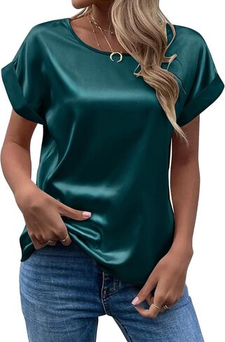 Chigant المرأة قصيرة الأكمام الساتان البلوزات عادية فضفاض Crewneck قمصان الحرير نشمر كم تونك القمم S-XXL in Kuwait