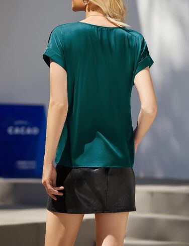 Chigant المرأة قصيرة الأكمام الساتان البلوزات عادية فضفاض Crewneck قمصان الحرير نشمر كم تونك القمم S-XXL in Kuwait