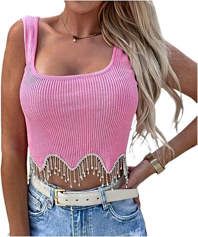 Naimo Womens Sparkly Rhinestone Tassel Crop Top Sleeveless Ribbed Tank Tops Cami Slim Fit Cropped Shirt Vest in Kuwait