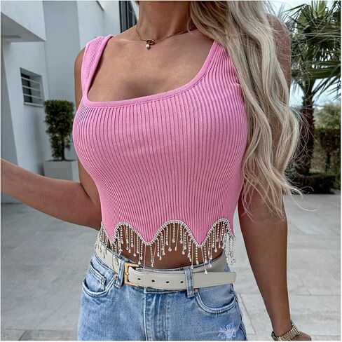 Naimo Womens Sparkly Rhinestone Tassel Crop Top Sleeveless Ribbed Tank Tops Cami Slim Fit Cropped Shirt Vest in Kuwait