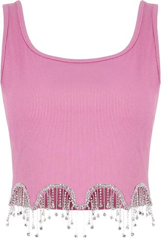 Naimo Womens Sparkly Rhinestone Tassel Crop Top Sleeveless Ribbed Tank Tops Cami Slim Fit Cropped Shirt Vest in Kuwait