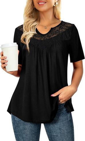 LIENRIDY المرأة الصيف حجم كبير بلايز 2023 قمصان قصيرة الأكمام الدانتيل مطوي تونك القمم M-3X in Kuwait