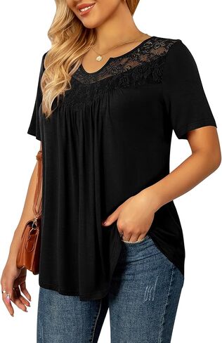 LIENRIDY المرأة الصيف حجم كبير بلايز 2023 قمصان قصيرة الأكمام الدانتيل مطوي تونك القمم M-3X in Kuwait