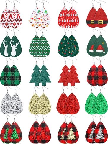 20 Pairs Women Christmas Faux Leather Earring Glitter Leaf Drop Dangle Earrings in Saudi Arabia