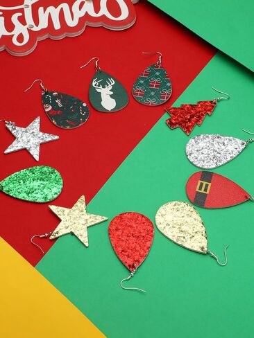 20 Pairs Women Christmas Faux Leather Earring Glitter Leaf Drop Dangle Earrings in Saudi Arabia