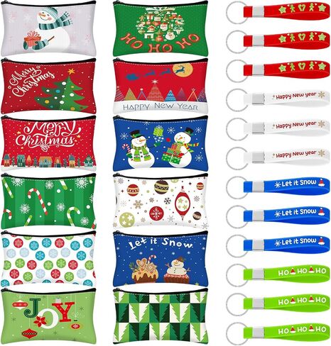 24 Pcs 12 Sets Christmas Makeup Bags and 12 Pcs Christmas Keychains Set Snowman Canvas Gift Makeup Bags for Women Christmas Portable Pouch Christmas Keychain for Xmas Party Gift in Saudi Arabia