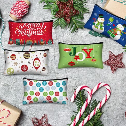 24 Pcs 12 Sets Christmas Makeup Bags and 12 Pcs Christmas Keychains Set Snowman Canvas Gift Makeup Bags for Women Christmas Portable Pouch Christmas Keychain for Xmas Party Gift in Saudi Arabia