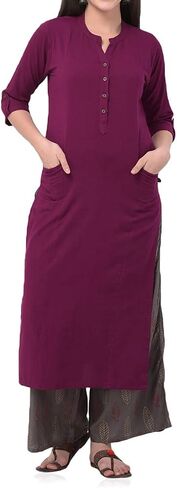 ladyline Women's Pure Cotton Plain Tunic Top with 3/4 Sleeves, Roll-up Button Neck, Pocket, Long Kurti Kurta in Kuwait
