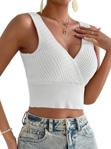 OPOIPIN Women's Wrap Deep V Neck Knit Sleeveless Slim Fit Solid Crop Tank Top in Saudi Arabia