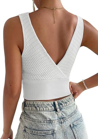 OPOIPIN Women's Wrap Deep V Neck Knit Sleeveless Slim Fit Solid Crop Tank Top in Saudi Arabia
