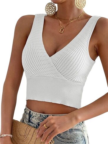 OPOIPIN Women's Wrap Deep V Neck Knit Sleeveless Slim Fit Solid Crop Tank Top in Saudi Arabia