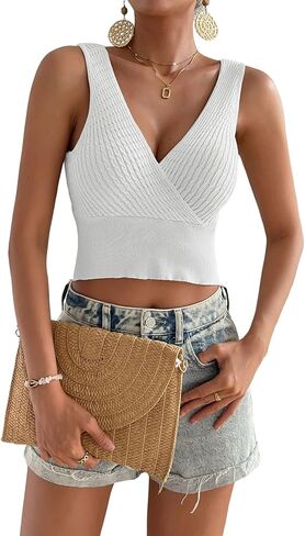 OPOIPIN Women's Wrap Deep V Neck Knit Sleeveless Slim Fit Solid Crop Tank Top in Saudi Arabia