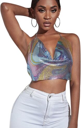 Women Sexy Shiny Rhinestone Tank Top Deep V Neck Halter Metal Body Chain Crop Top Shirt for Night Club Party Rave Outfit in Kuwait